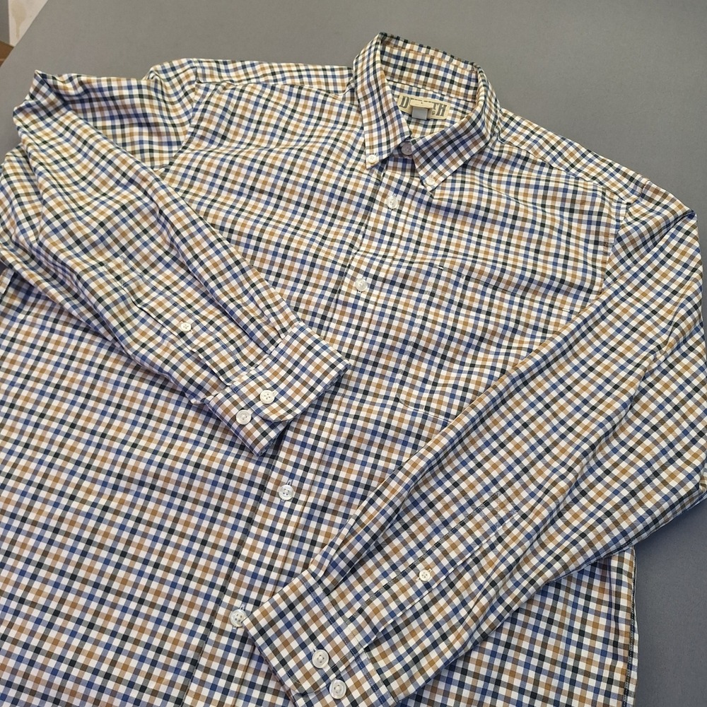 Duluth Trading Co Mens Large Blue Brown Plaid Cotton Button Down Shirt 92105